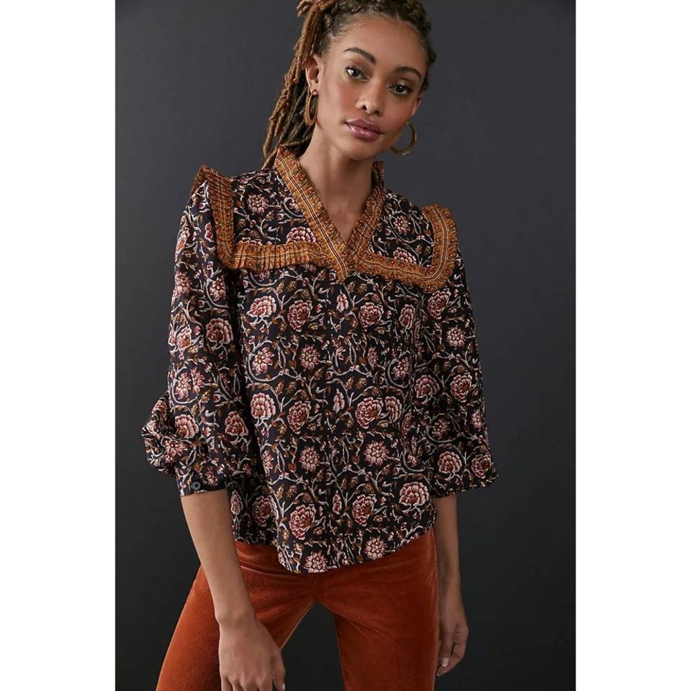 Anthropologie Othilia Sera Ruffled Blouse Navy Floral Peasant Top S Cottage Boho